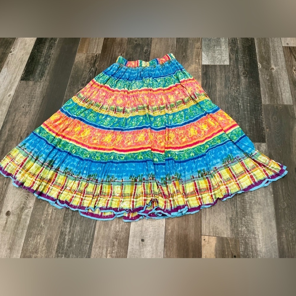 Vintage Phool Rainbow Broomstick Crinkle Maxi Skirt Flowy Festival Hippie Sz med